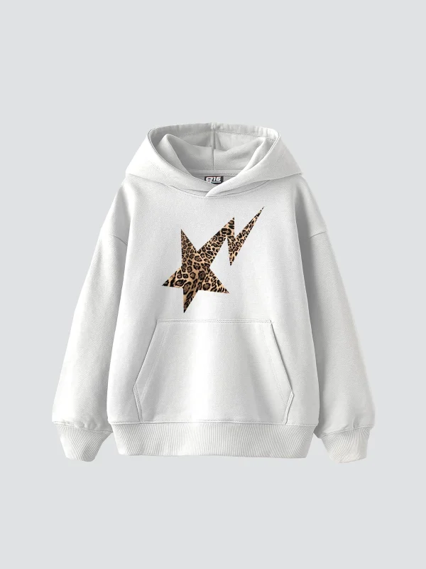 Leopar Falling Star Baskılı Oversize Unisex Premium Beyaz Hoodie