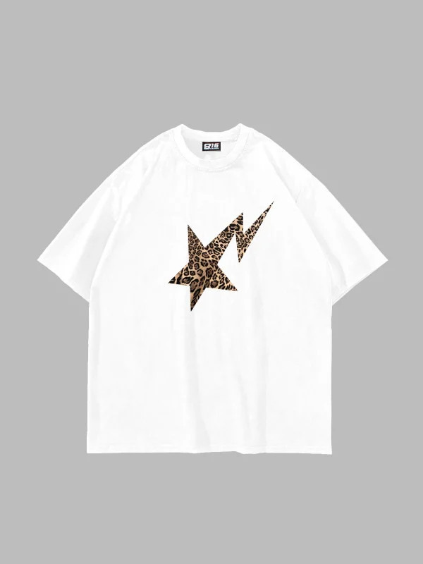 Leopar Falling Star Baskılı Oversize Unisex Premium Beyaz Tshirt