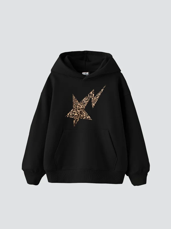Leopar Falling Star Baskılı Oversize Unisex Premium Siyah Hoodie