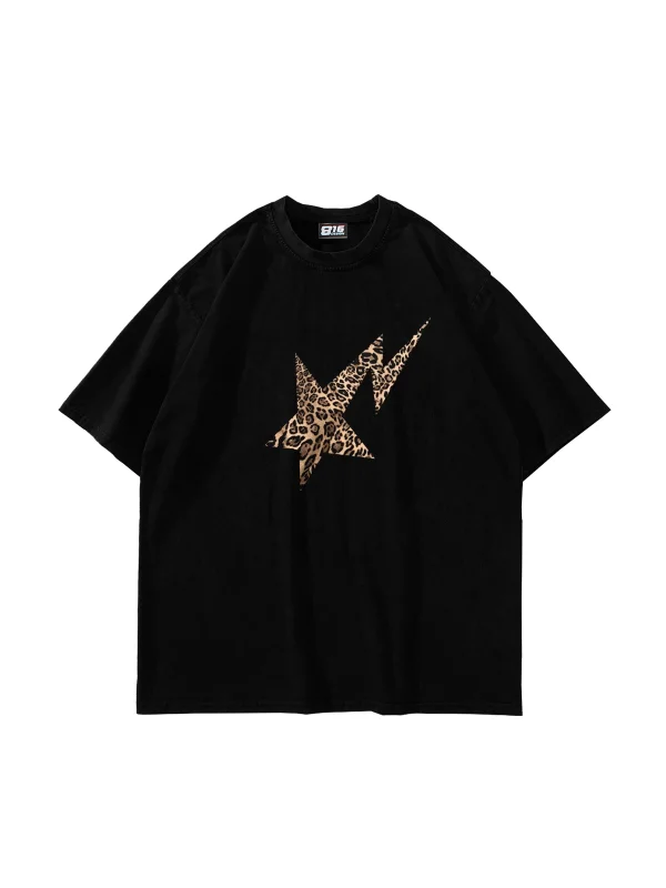 Leopar Falling Star Baskılı Oversize Unisex Premium Siyah Tshirt