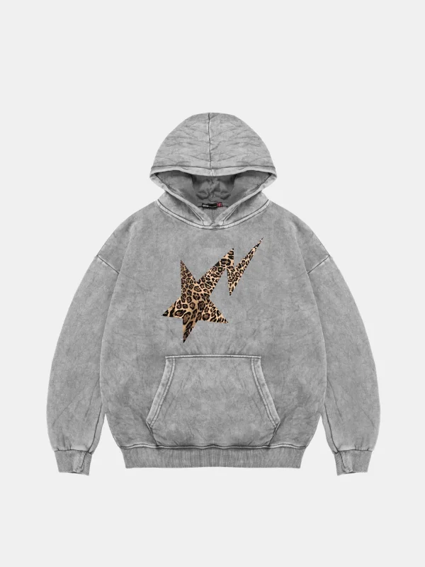 Leopar Falling Star Baskılı Oversize Unisex Premium Yıkamalı Beyaz Hoodie