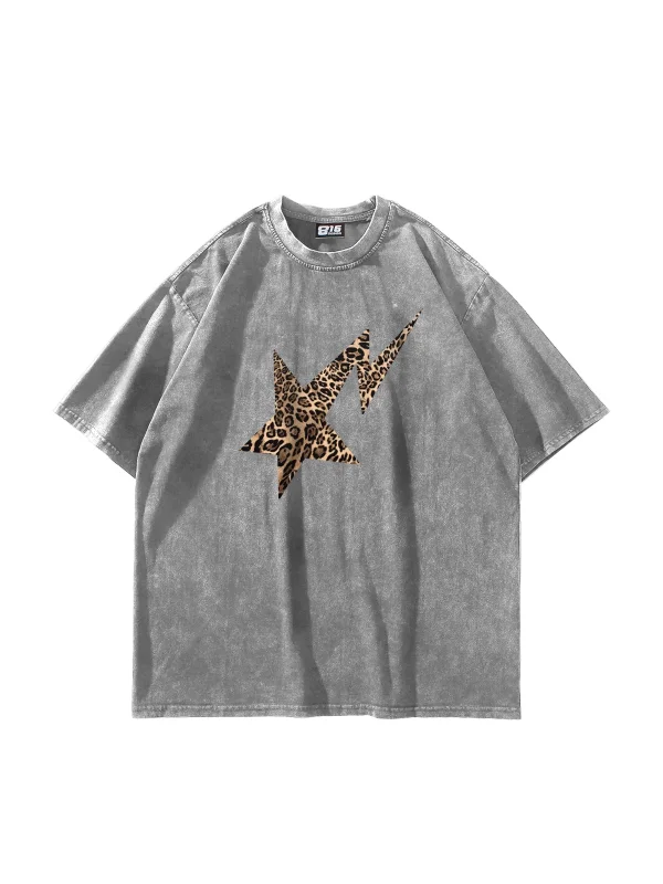 Leopar Falling Star Baskılı Oversize Unisex Premium Yıkamalı Beyaz Tshirt