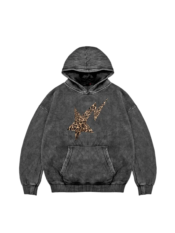 Leopar Falling Star Baskılı Oversize Unisex Premium Yıkamalı Siyah Hoodie