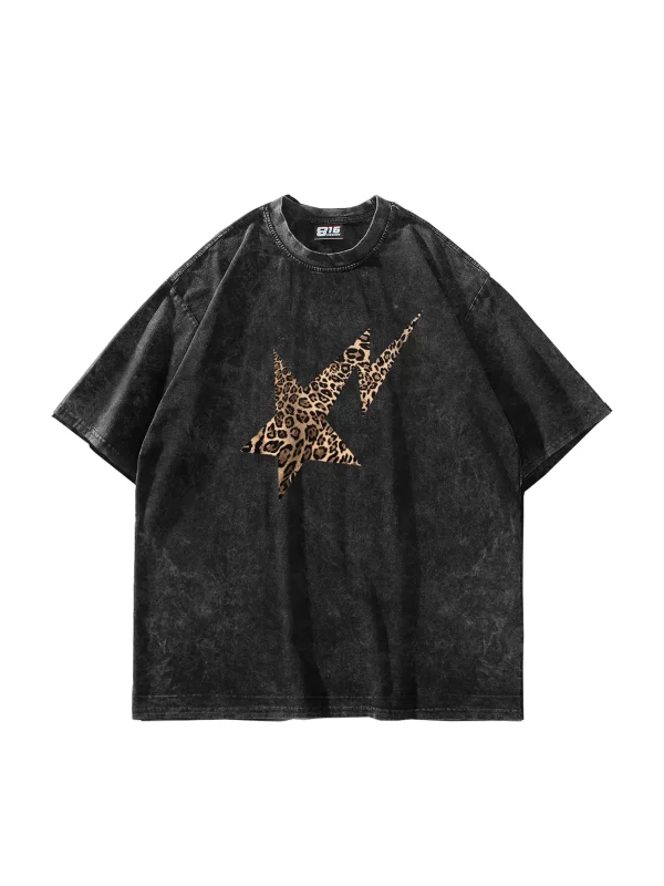 Leopar Falling Star Baskılı Oversize Unisex Premium Yıkamalı Siyah Tshirt