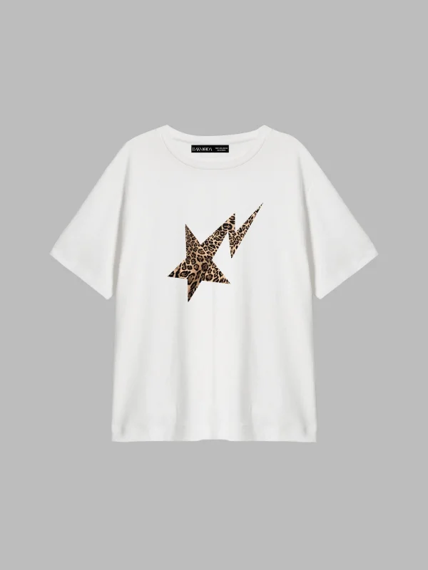 Leopar Falling Star Baskılı Relaxed Fit Beyaz Kadın Tshirt