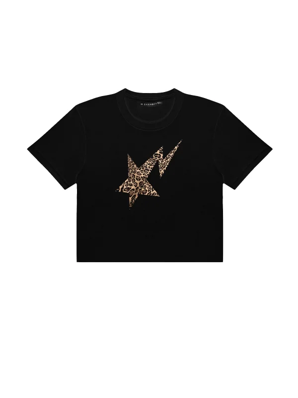 Leopar Falling Star Baskılı Siyah Crop Top