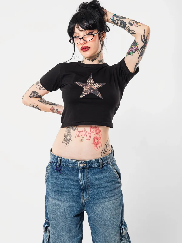 Leopar Star Baskılı Siyah Crop Top