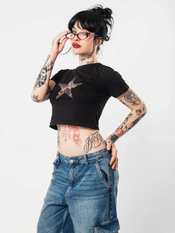 Leopar Star Baskılı Siyah Crop Top