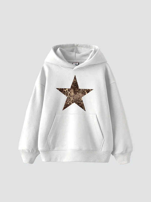 Leopar Starz Baskılı Oversize Unisex Premium Beyaz Hoodie