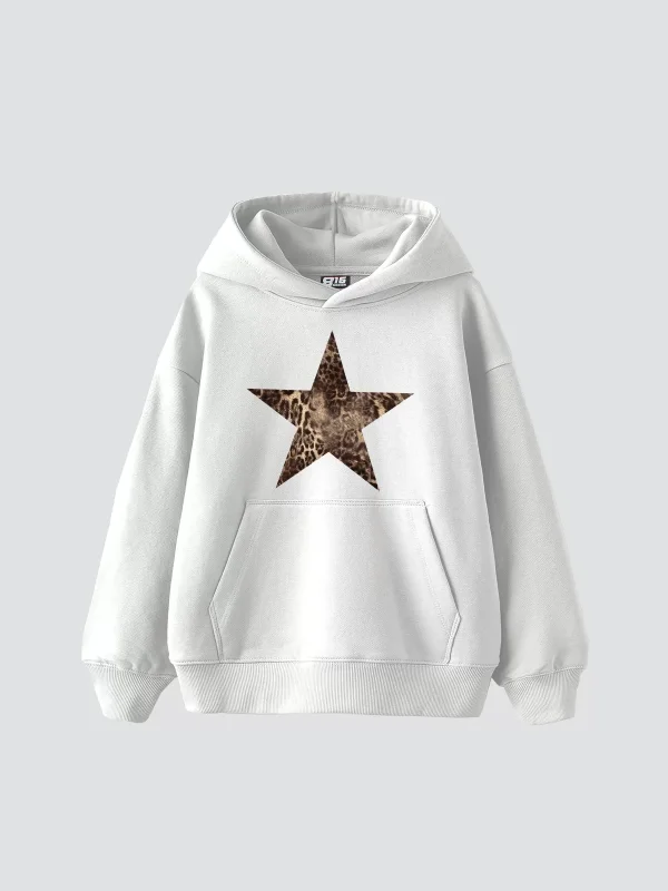 Leopar Starsz Baskılı Oversize Unisex Premium Beyaz Hoodie