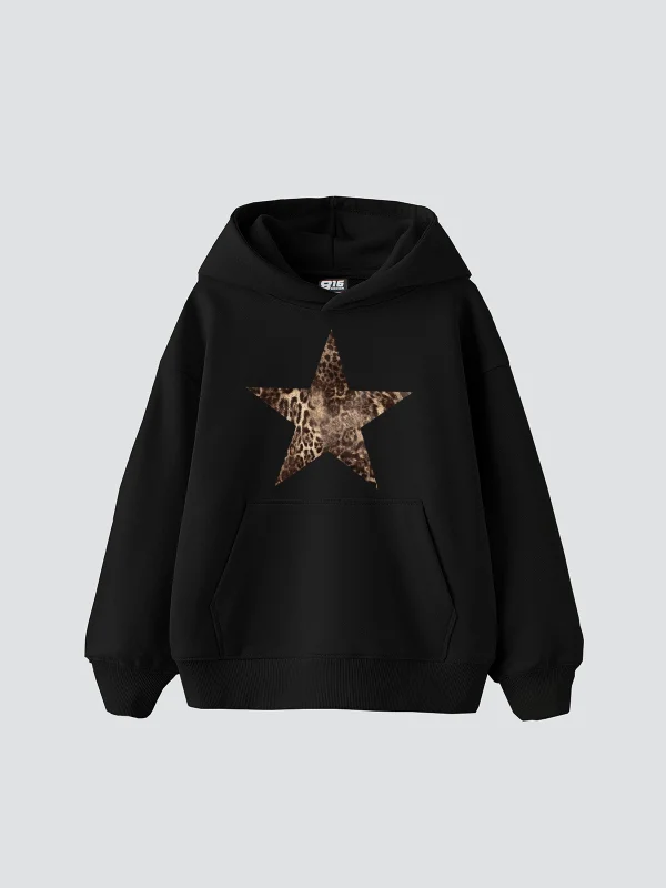 Leopar Starz Baskılı Oversize Unisex Premium Siyah Hoodie