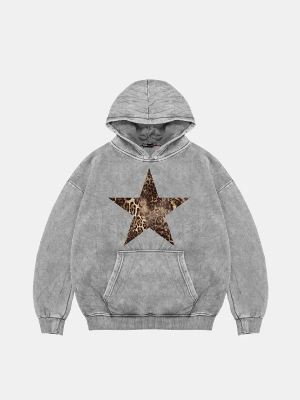 Leopar Starz Baskılı Oversize Unisex Premium Yıkamalı Beyaz Hoodie