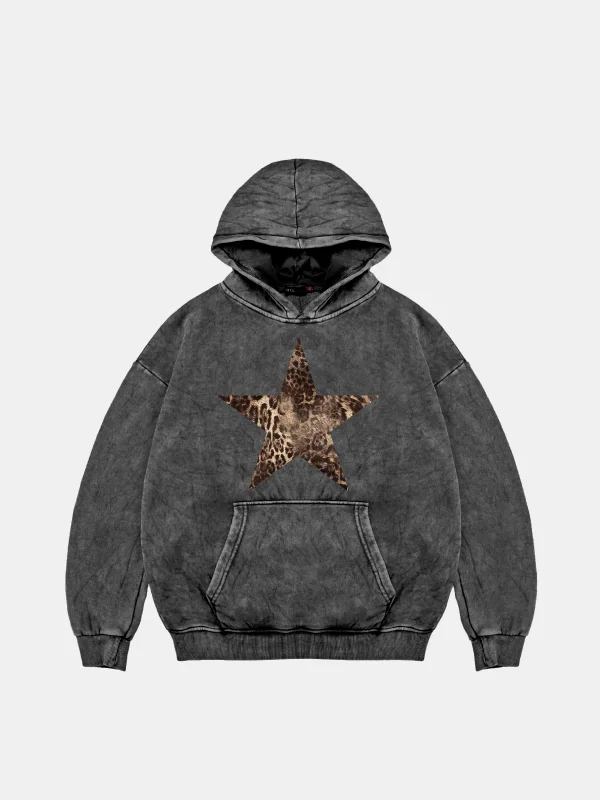 Leopar Starz Baskılı Oversize Unisex Premium Yıkamalı Siyah Hoodie