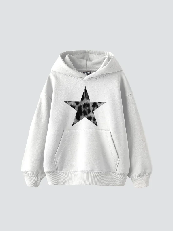 Leopar Starz V2 Baskılı Oversize Unisex Premium Beyaz Hoodie