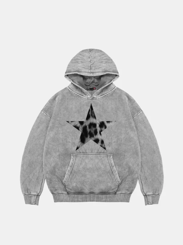 Leopar Starz V2 Baskılı Oversize Unisex Premium Yıkamalı Beyaz Hoodie