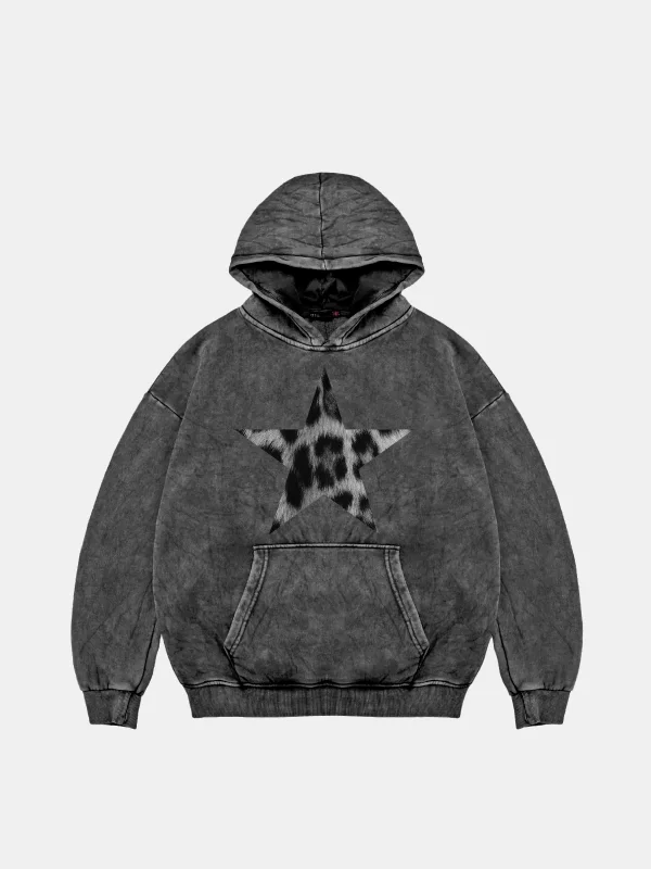 Leopar Starz V2 Baskılı Oversize Unisex Premium Yıkamalı Siyah Hoodie