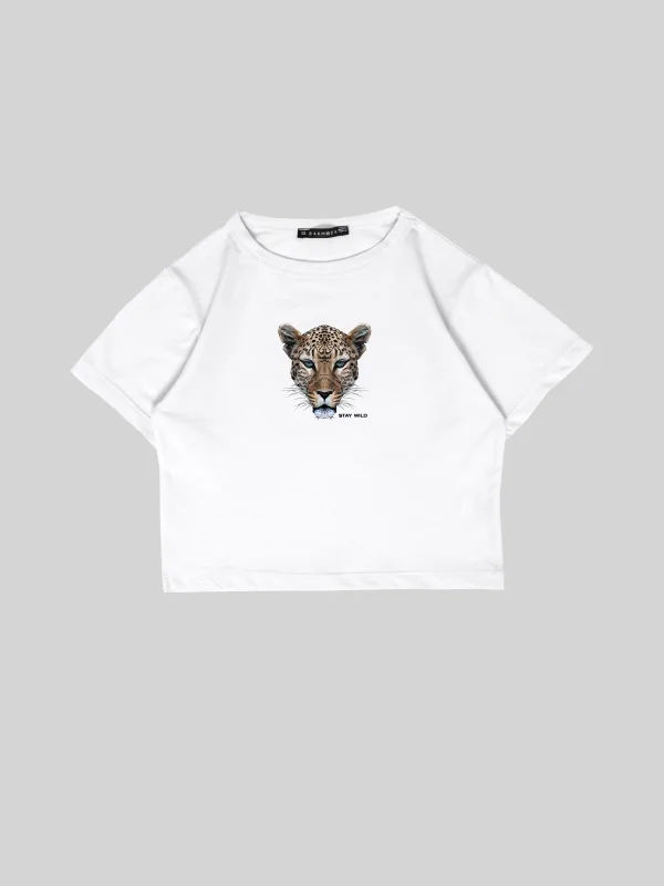 Leopar Stay Wild Baskılı Oversize Unisex Beyaz Crop Top