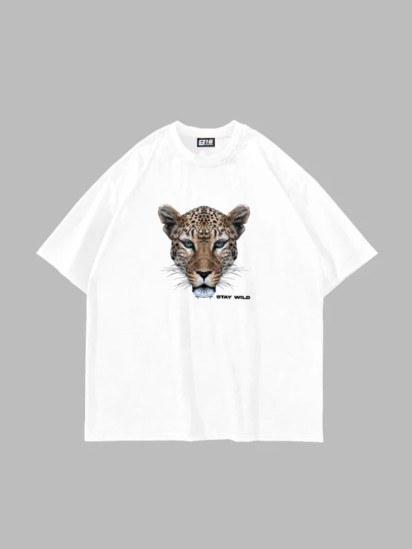 Leopar Stay Wild Baskılı Oversize Unisex Beyaz Tshirt