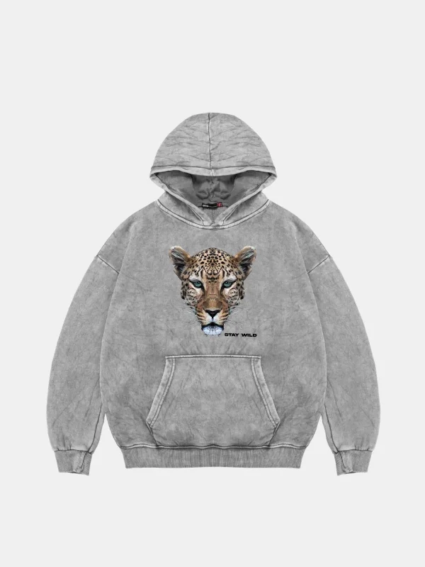 Leopar Stay Wild Baskılı Oversize Unisex Premium Yıkamalı Beyaz Hoodie