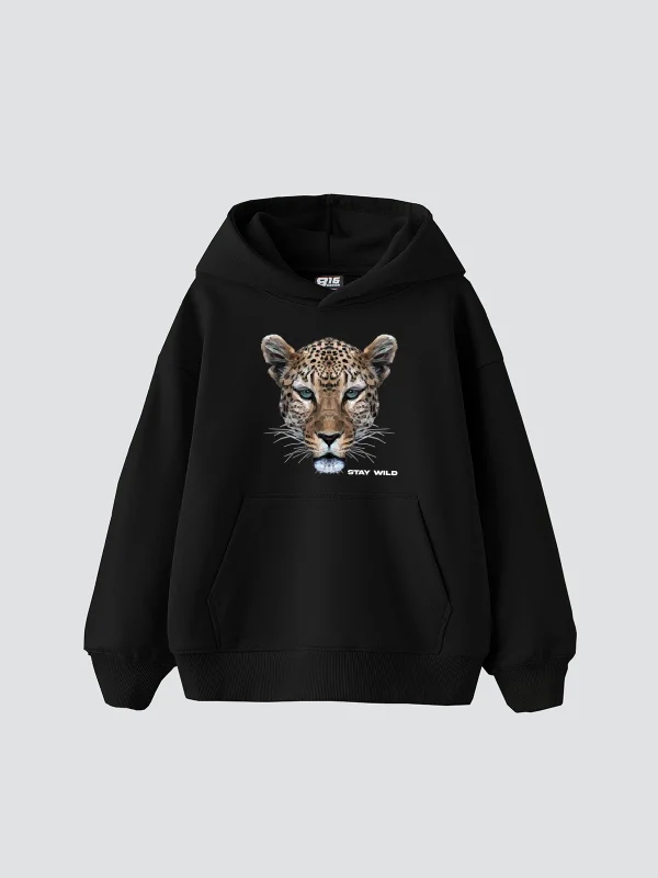 Leopar Stay Wild Baskılı Oversize Unisex Premium Siyah Hoodie