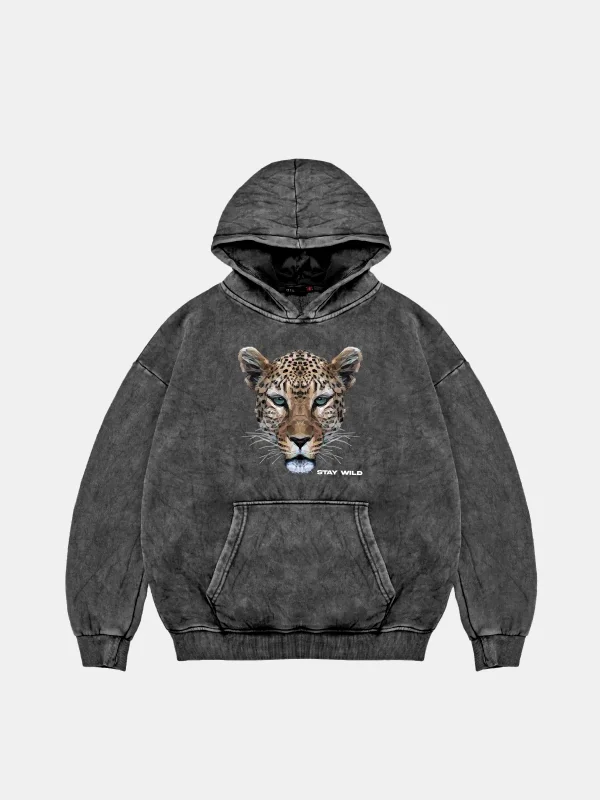 Leopar Stay Wild Baskılı Oversize Unisex Premium Yıkamalı Siyah Hoodie