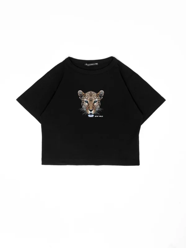 Leopar Stay Wild Baskılı Oversize Unisex Siyah Crop Top