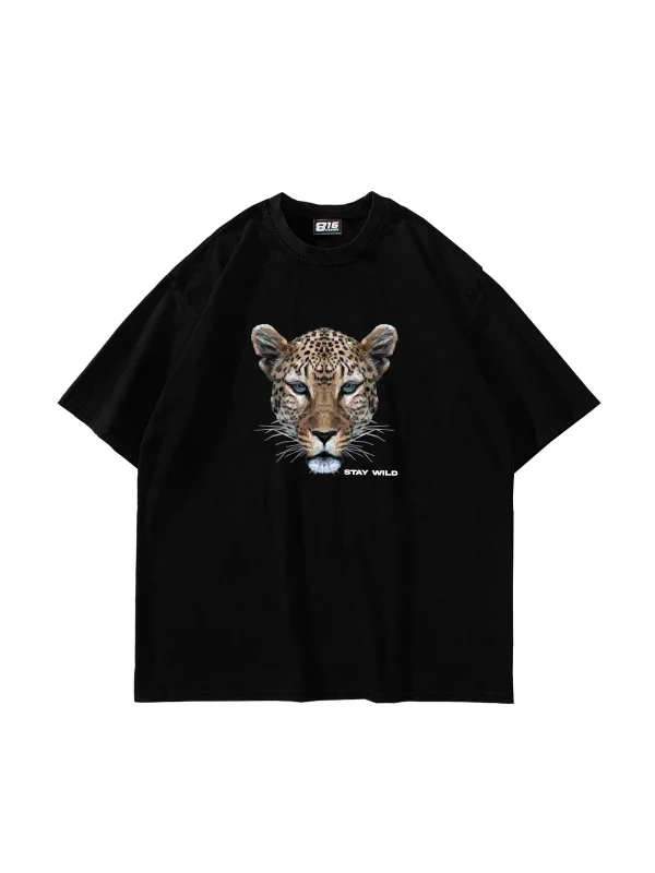 Leopar Stay Wild Baskılı Oversize Unisex Siyah Tshirt