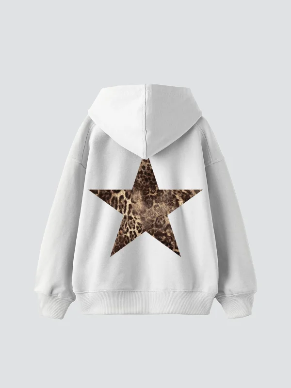 Sırt Baskılı Leopar Yıldız Baskılı Oversize Unisex Beyaz Hoodie