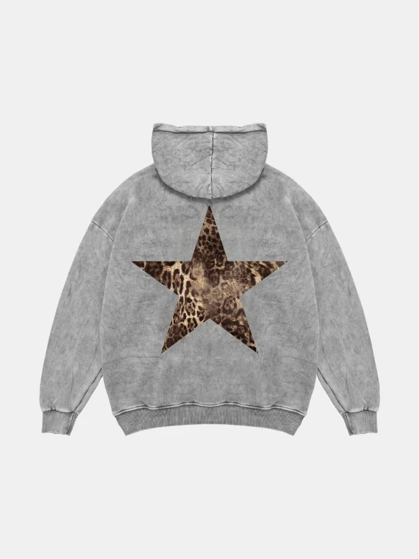 Sırt Baskılı Leopar Yıldız Baskılı Oversize Unisex Yıkamalı Beyaz Hoodie