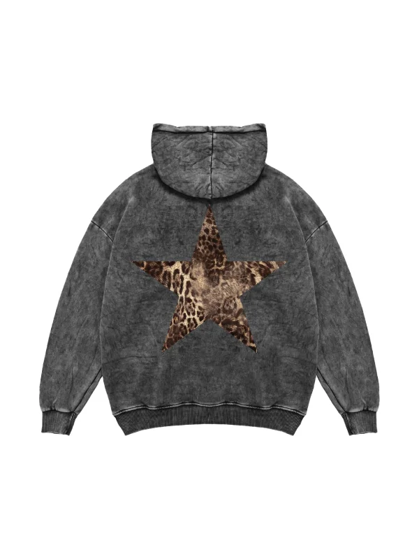 Sırt Baskılı Leopar Yıldız Baskılı Oversize Unisex Yıkamalı Siyah Hoodie