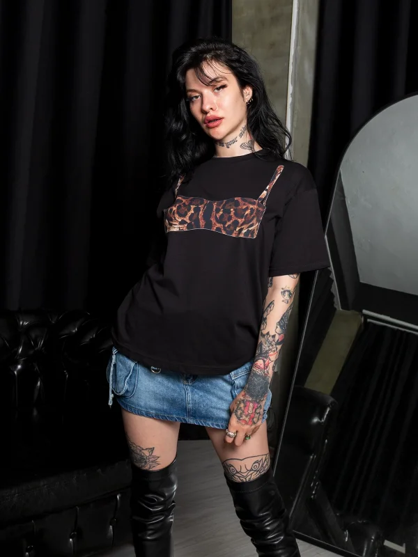 Leopard Bikini Baskılı Relaxed Fit Siyah Kadın Tshirt