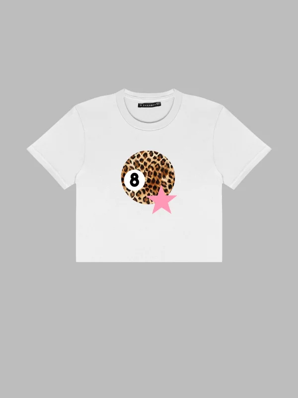 Leopard Billiard Ball Baskılı Beyaz Crop Top