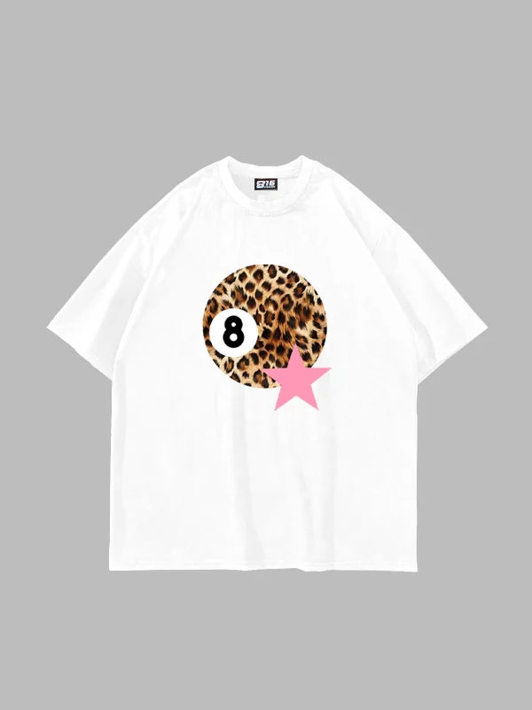 Leopard Billiard Ball Baskılı Oversize Unisex Beyaz Tshirt