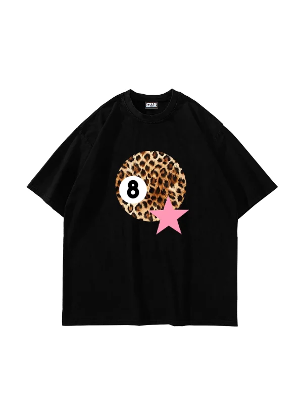 Leopard Billiard Ball Baskılı Oversize Unisex Siyah Tshirt