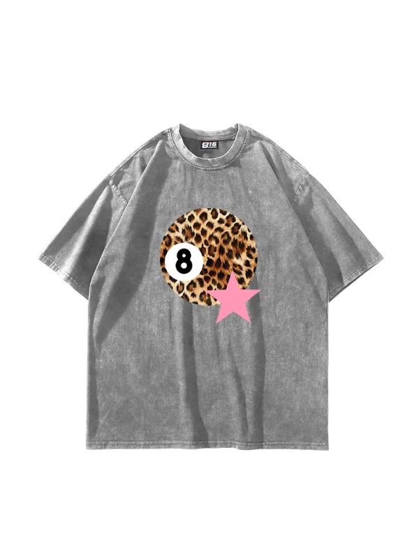 Leopard Billiard Ball Baskılı Oversize Unisex Yıkamalı Beyaz Tshirt