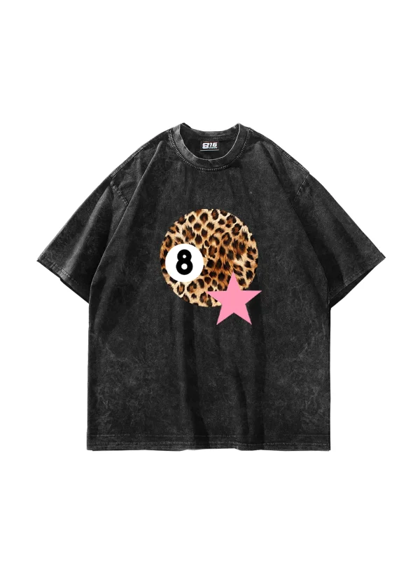 Leopard Billiard Ball Baskılı Oversize Unisex Yıkamalı Siyah Tshirt
