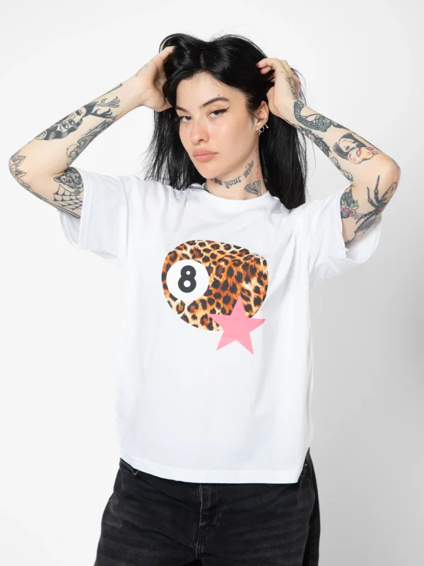 Leopard Billiard Ball Baskılı Relaxed Fit Beyaz Kadın Tshirt