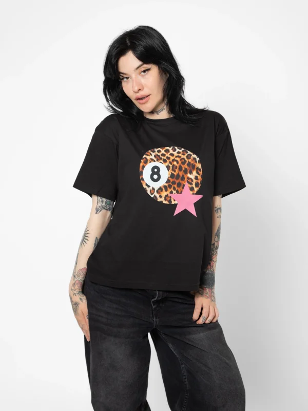 Leopard Billiard Ball Baskılı Relaxed Fit Siyah Kadın Tshirt