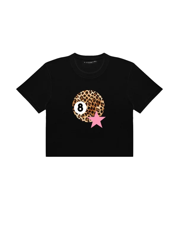 Leopard Billiard Ball Baskılı Siyah Crop Top