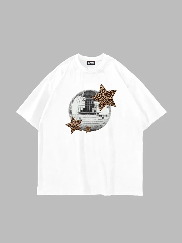 Leopard Disco Baskılı Oversize Unisex Beyaz Tshirt