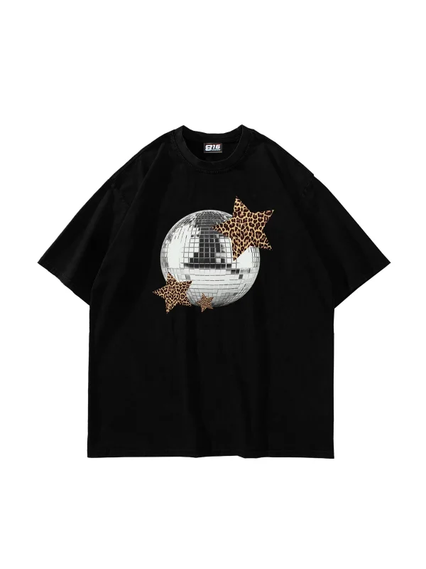 Leopard Disco Baskılı Oversize Unisex Siyah Tshirt