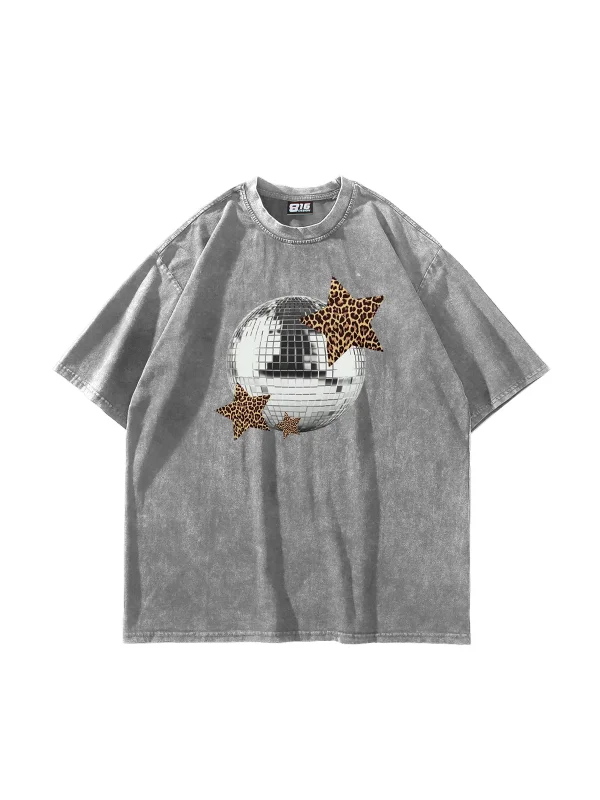 Leopard Disco Baskılı Oversize Unisex Yıkamalı Beyaz Tshirt