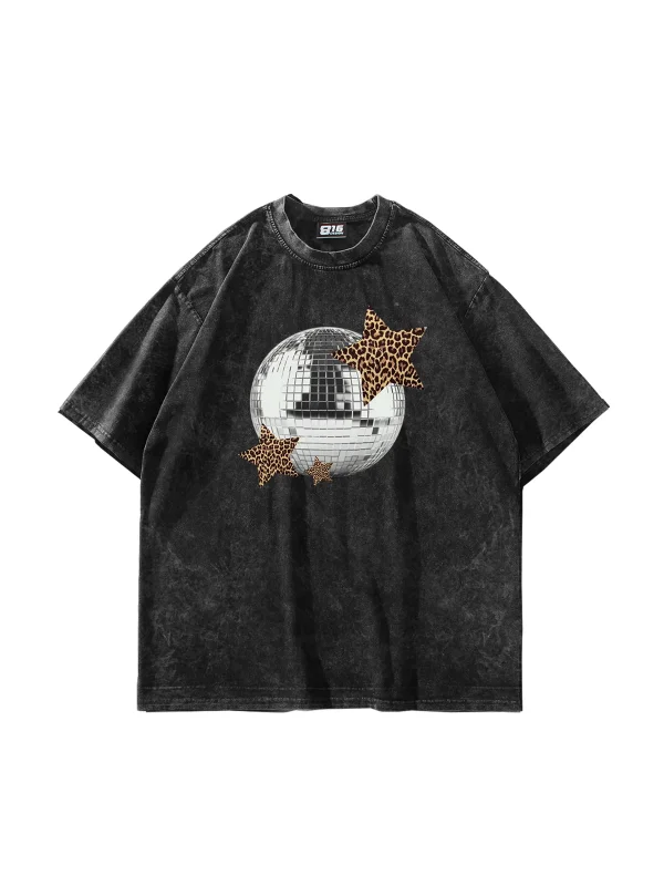 Leopard Disco Baskılı Oversize Unisex Yıkamalı Siyah Tshirt