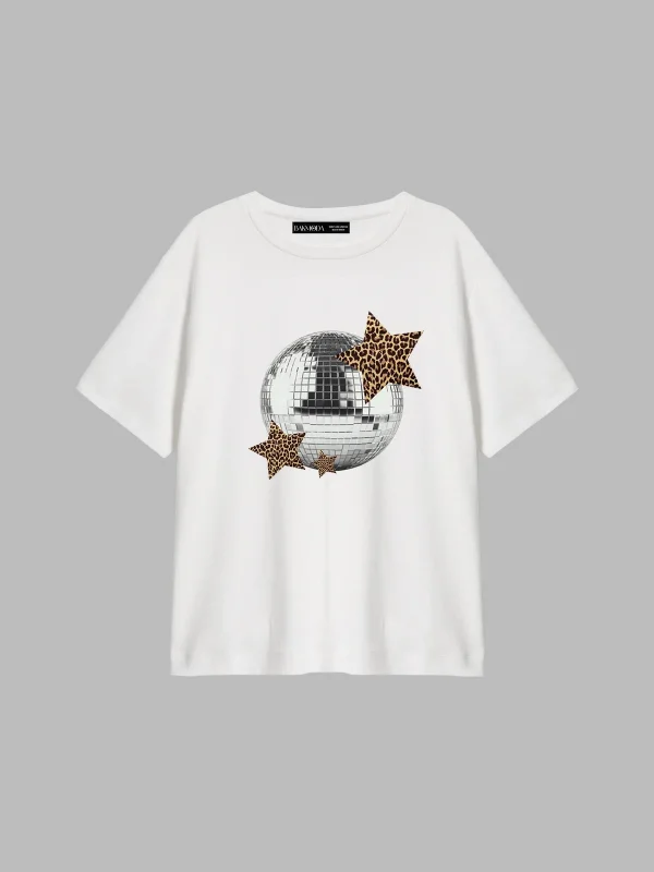 Leopard Disco Baskılı Relaxed Fit Beyaz Kadın Tshirt