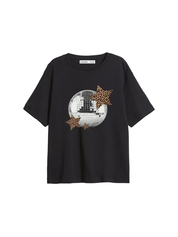 Leopard Disco Baskılı Relaxed Fit Siyah Kadın Tshirt