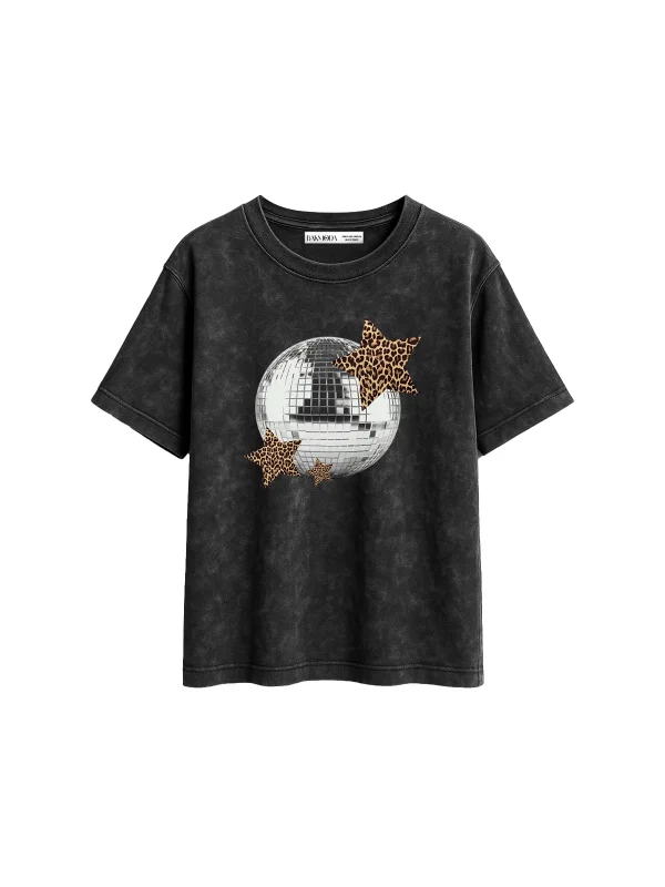 Leopard Disco Baskılı Relaxed Fit Yıkamalı Siyah Kadın Tshirt