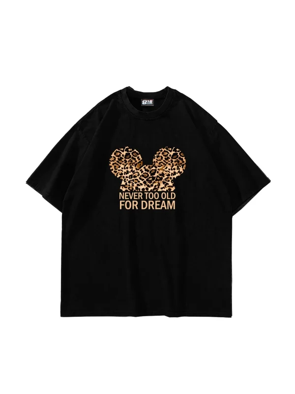 Leopard For Dream Baskılı Oversize Unisex Siyah Tshirt