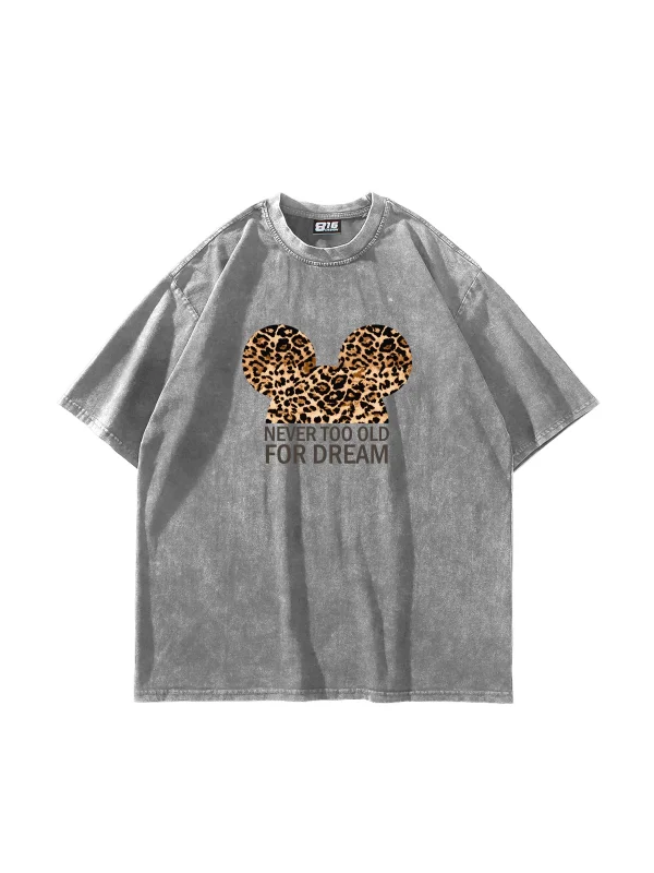 Leopard For Dream Baskılı Oversize Unisex Yıkamalı Beyaz Tshirt