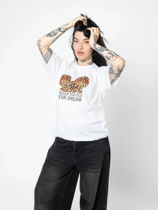 Leopard For Dream Baskılı Relaxed Fit Beyaz Kadın Tshirt