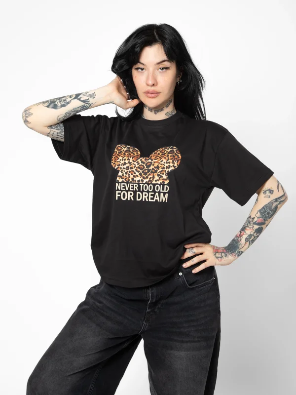 Leopard For Dream Baskılı Relaxed Fit Siyah Kadın Tshirt